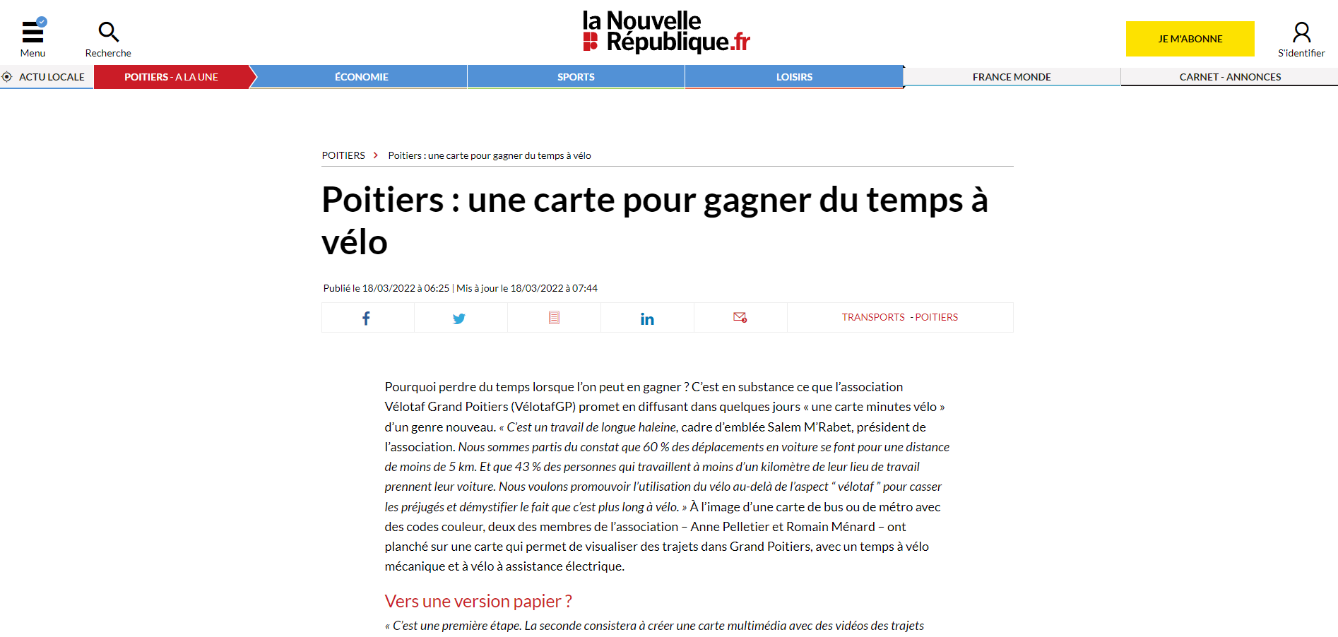 La carte minute de Vélotaf Grand Poitiers dans la NR
